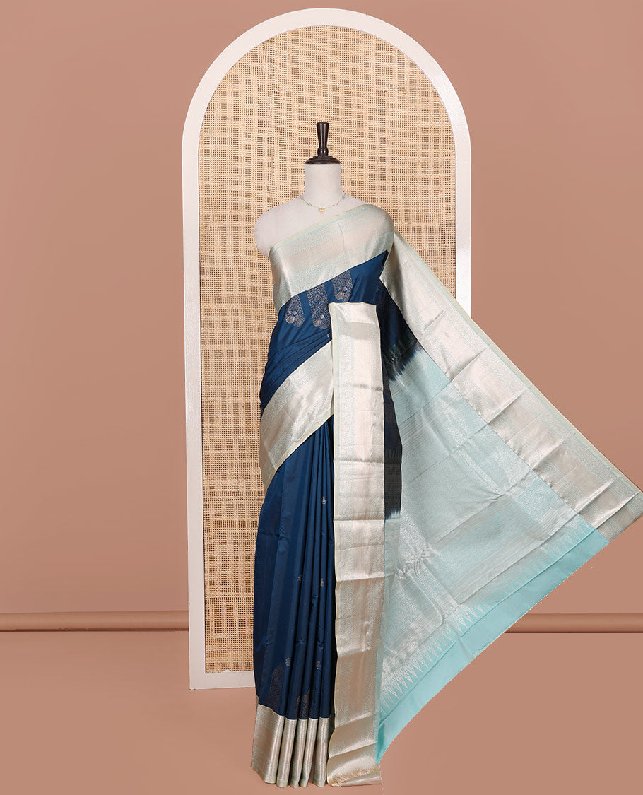 Blue Budget Silk Saree, Accentuated with Zari Buttas on Its Body, Complemented by a Contrast Traditional Zari Design Border, Intricately Designed Pallu, and Paired with a Contrast Blouse