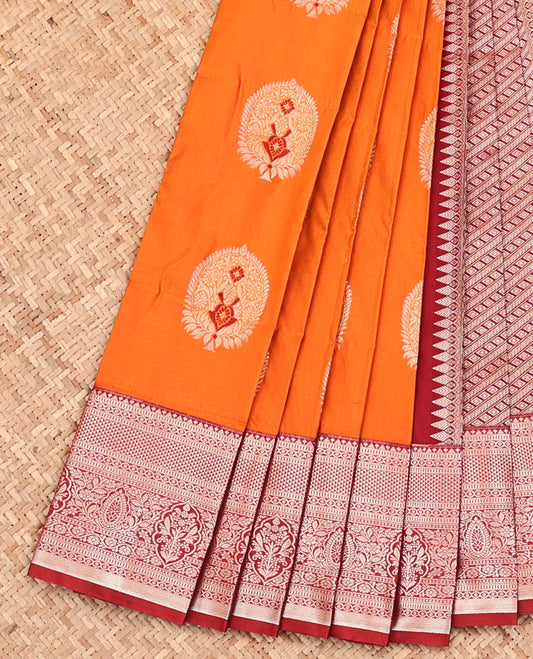 Orange Budget Silk Saree, Elegantly Bedecked with Zari Buttas, Complemented by a Contrast Traditional Zari Design Border, Grand Geometric Pallu, and Paired with a Contrast Blouse