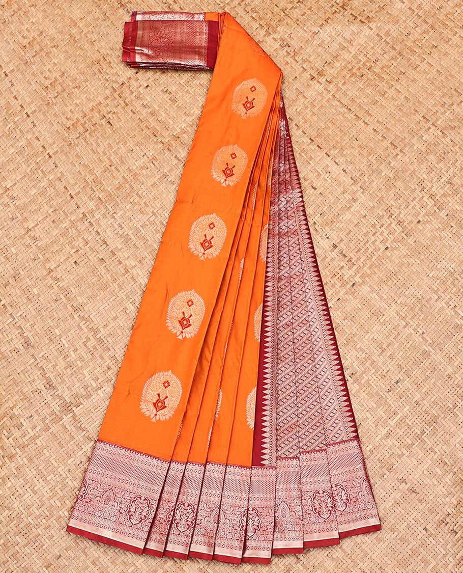 Orange Budget Silk Saree, Elegantly Bedecked with Zari Buttas, Complemented by a Contrast Traditional Zari Design Border, Grand Geometric Pallu, and Paired with a Contrast Blouse