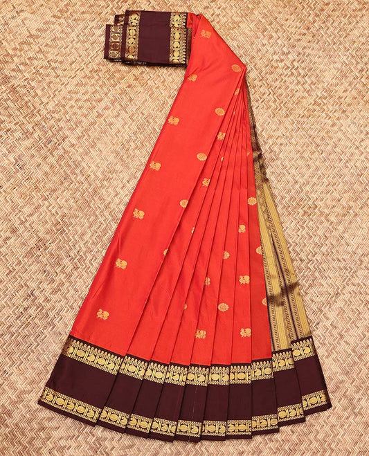 Orange Budget Silk Saree, Gleamed Up with Zari Buttas, Complemented by a Contrast Traditional Zari Rettai Pettu Border, Geometric Pallu, and a Contrast Blouse