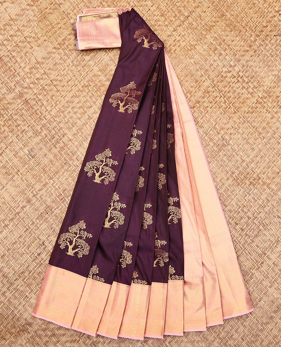 Wine Budget Silk Saree, Decorated with Tree Zari Buttas, Complemented by Contrast Traditional Zari Border, an Intricate Pallu and a Contrast Blouse