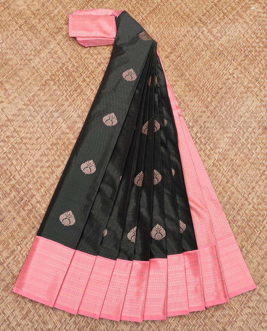 Green Budget Silk Saree, Elegantly Framed with Zari Buttas and Stripes on Its Body, Complemented by a Contrast Traditional Zari Design Border, Grand Jaal-Patterned Pallu, and Paired with a Contrast Blouse