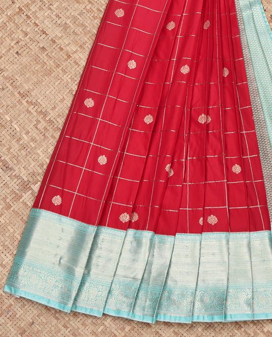 Red Budget Silk Saree, Decorated with Zari Butta Enclosed Checked Design on Its Body, Complemented by a Contrast Traditional Zari Design Border, Grand Pallu, and Paired with a Contrast Blouse