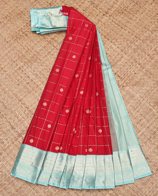 Red Budget Silk Saree, Decorated with Zari Butta Enclosed Checked Design on Its Body, Complemented by a Contrast Traditional Zari Design Border, Grand Pallu, and Paired with a Contrast Blouse