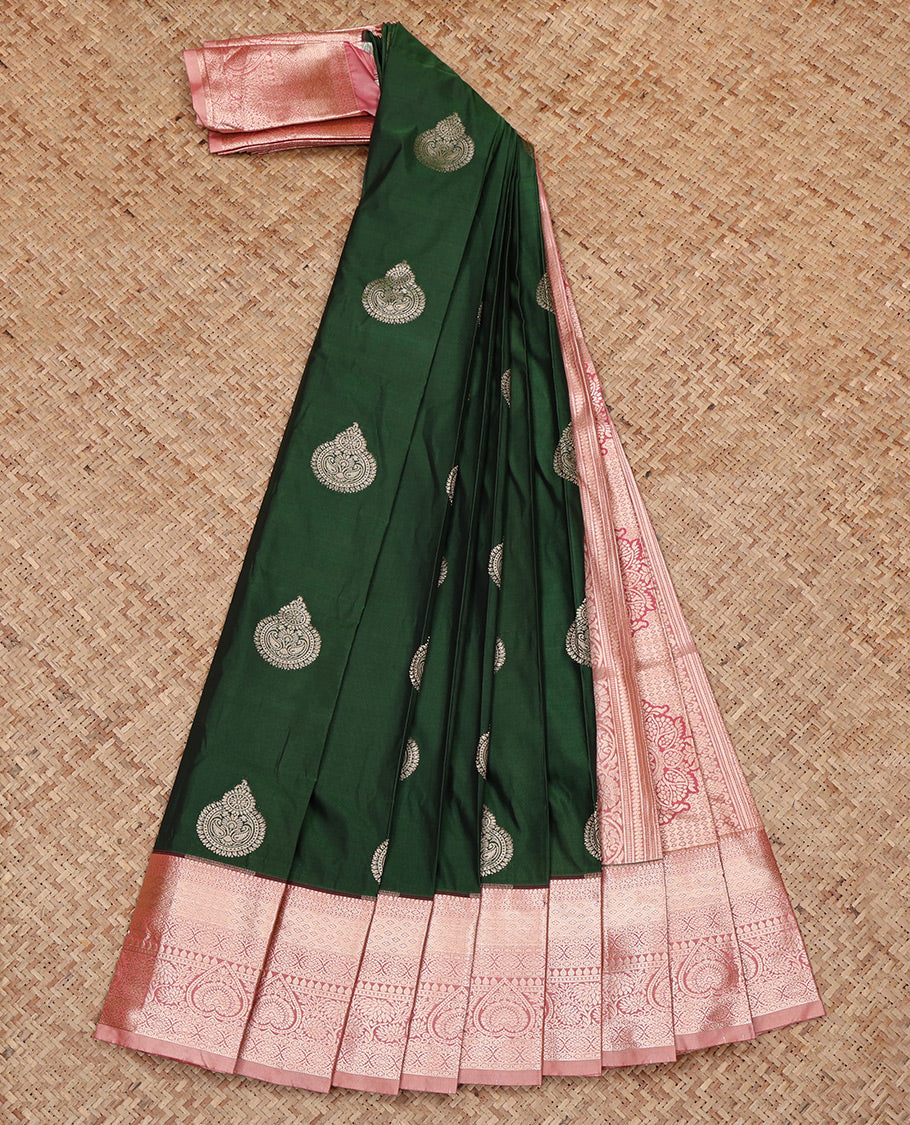 Green Budget Silk Saree, Woven with Zari Buttas All Over Its Body, Complemented by a Contrast Traditional Zari Design Border, Intricate Pallu, and Paired with a Contrast Blouse