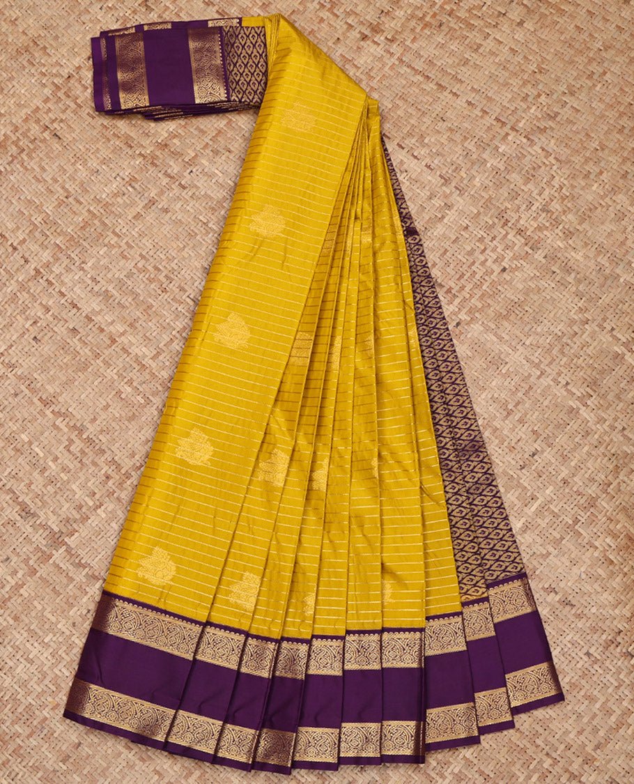 Yellow Budget Silk Saree, Subtly Sparkled with Zari Buttas and Stripes on Its Body, Complemented by a Contrast Traditional Zari Design Border, Grand Jaal Pallu, and Paired with a Contrast Blouse