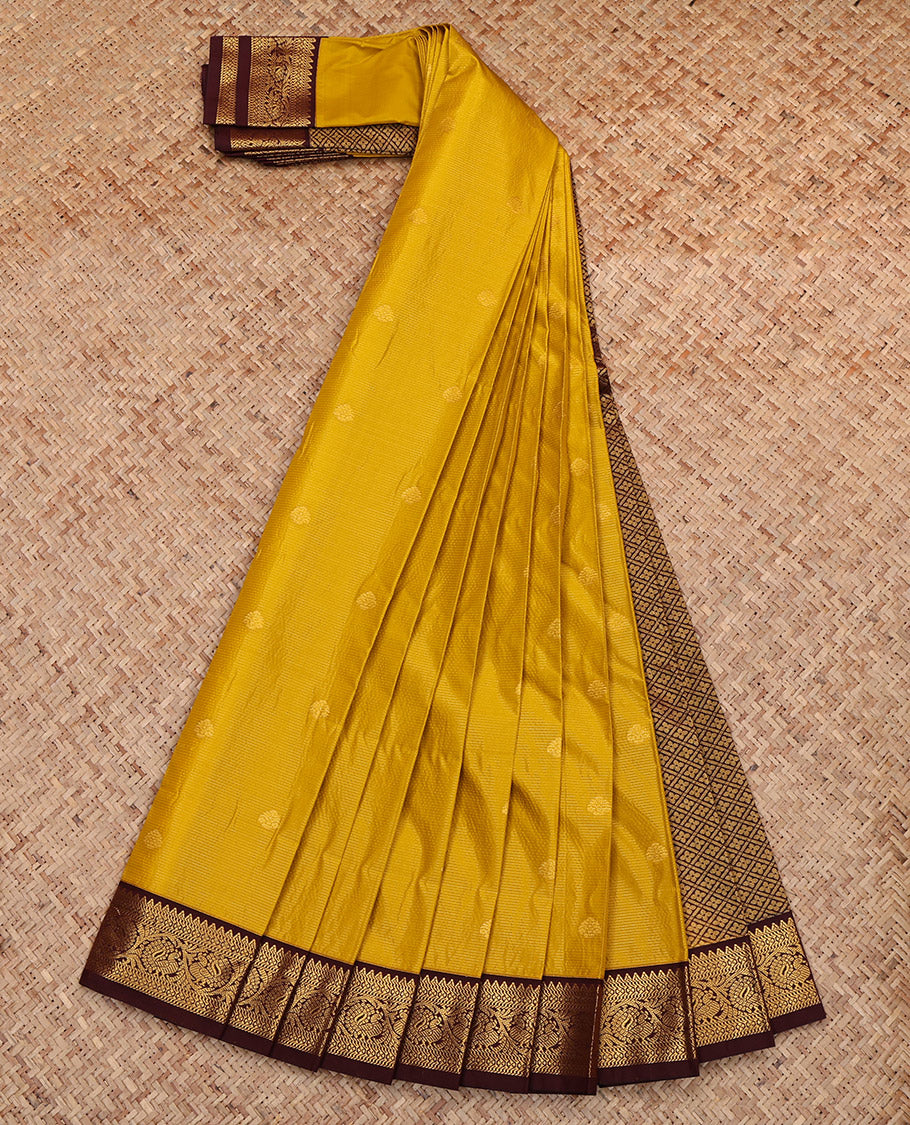 Yellow Budget Silk Saree, Sparsely Woven with Zari Buttas, Complemented by Contrast Traditional Border, Jaal Pallu and a Contrast Blouse