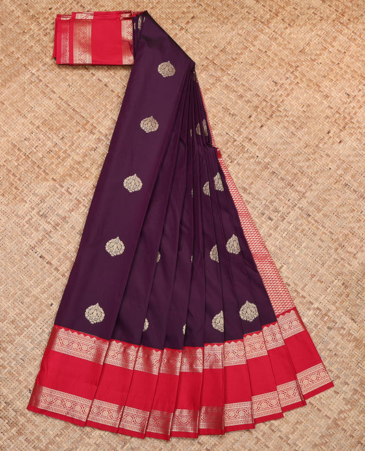 Wine Budget Silk Saree, Spotlighted with Zari Buttas, Contrast Traditional Zari Design Rettai Pettu Border, Grand Jaal Pallu, and a Contrast Blouse