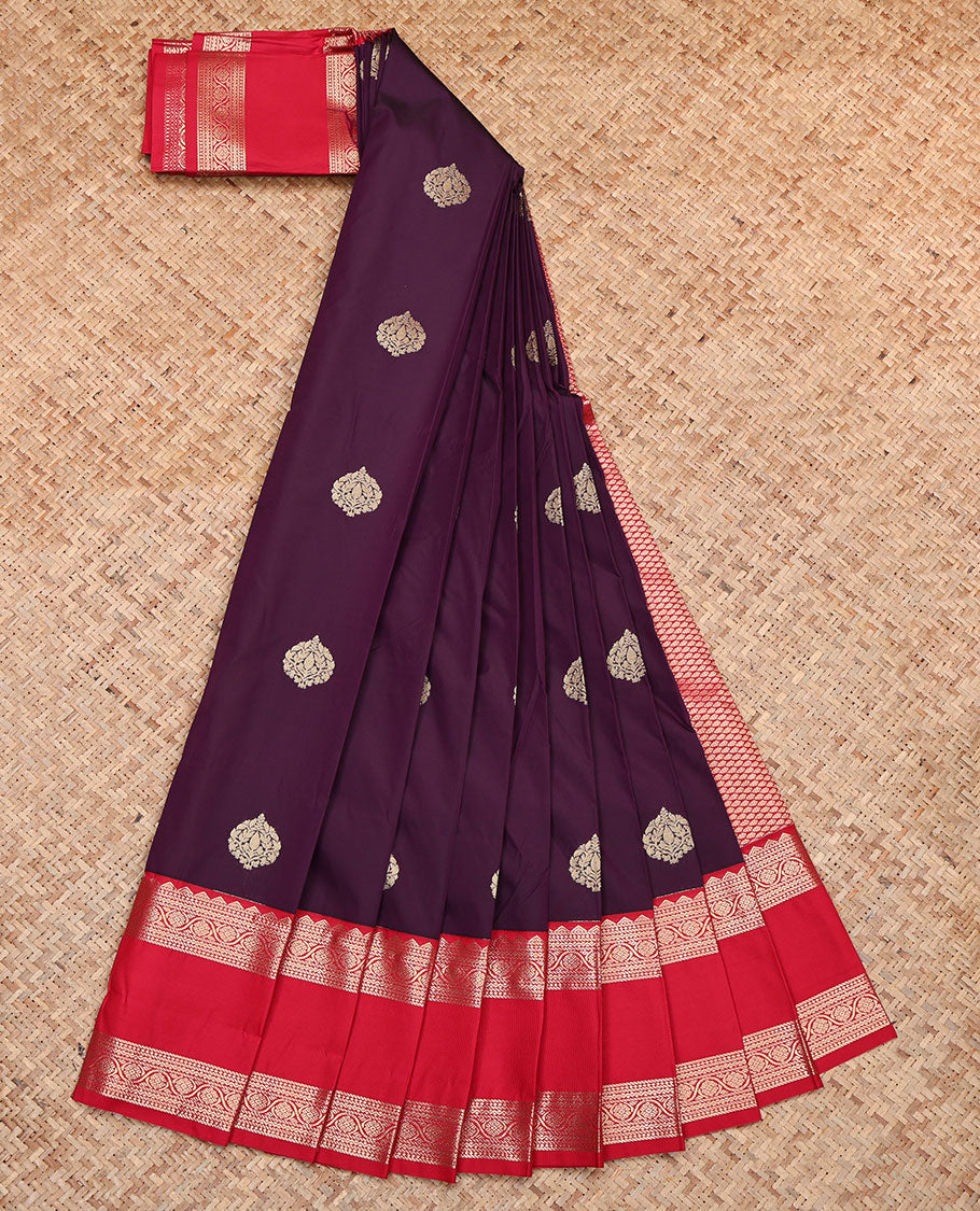 Wine Budget Silk Saree, Spotlighted with Zari Buttas, Contrast Traditional Zari Design Rettai Pettu Border, Grand Jaal Pallu, and a Contrast Blouse