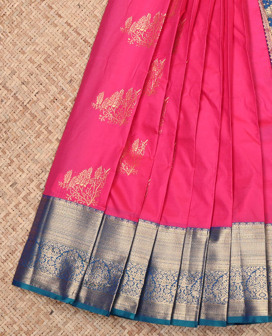Pink Budget Silk Saree, Bedecked with Zari Buttas, Contrast Traditional Zari Border, Grand Pallu, and a Contrast Blouse