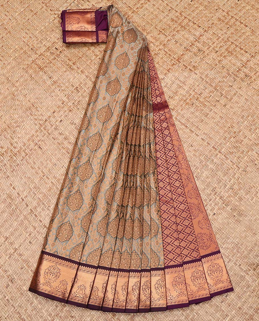 Grey Budget Silk Saree, Decorated with Jacquard Design, Complemented by a Contrast Intricate Zari Design Border, Grand Jaal Pallu, and a Contrast Blouse