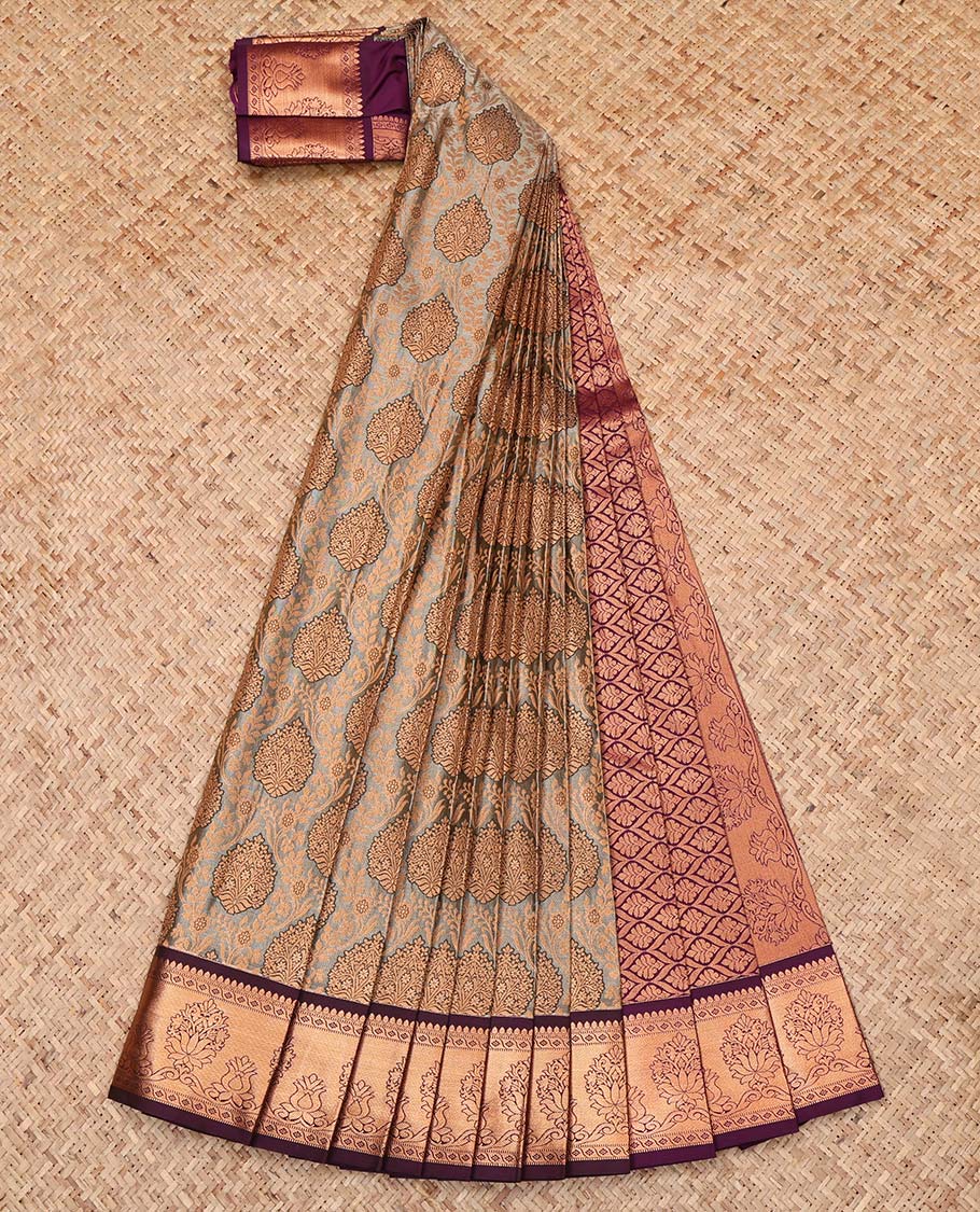 Grey Budget Silk Saree, Decorated with Jacquard Design, Complemented by a Contrast Intricate Zari Design Border, Grand Jaal Pallu, and a Contrast Blouse