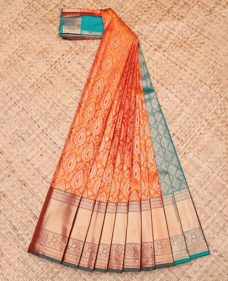 Orange Budget Silk Saree, Decorated with Jacquard Design, Complemented by a Contrast Traditional Zari Border, Grand Jaal Pallu, and a Contrast Blouse