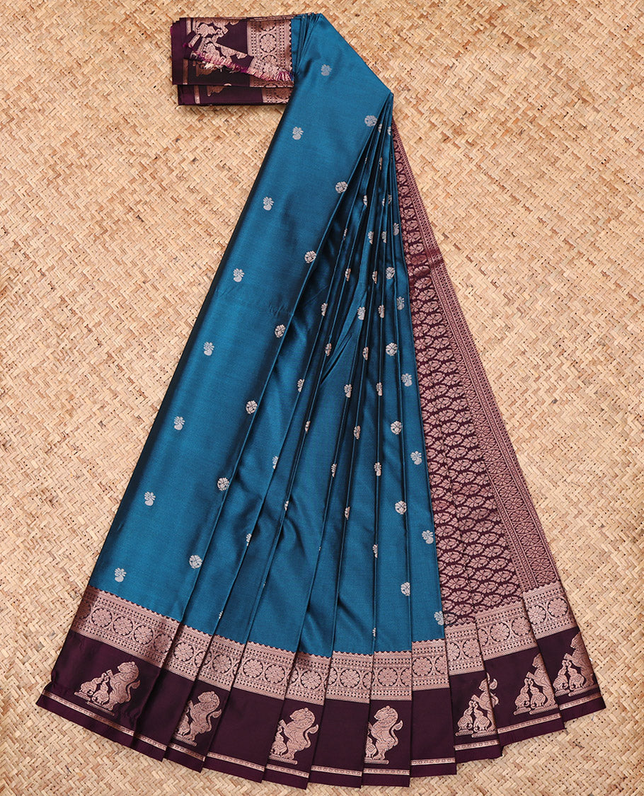Blue Budget Silk Saree, Elevated with Zari Buttas, Complemented by a Contrast Traditional Zari Border of Singam Designs, Grand Pallu, and a Contrast Blouse