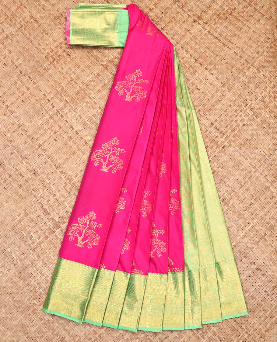 Rani Pink Budget Silk Saree, Delicately Woven with Tree Zari Buttas, Complemented by a Contrast Traditional Border, Grand Pallu, and a Contrast Blouse