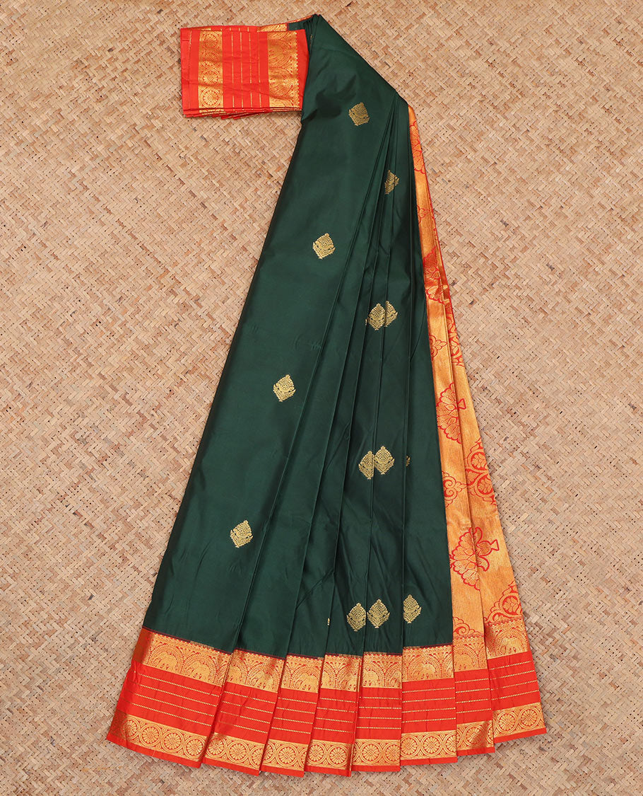 Green Budget Silk Saree, Accentuated with Zari Buttas, Complemented by Contrast Traditional Zari Border, a Grand Pallu and a Contrast Blouse