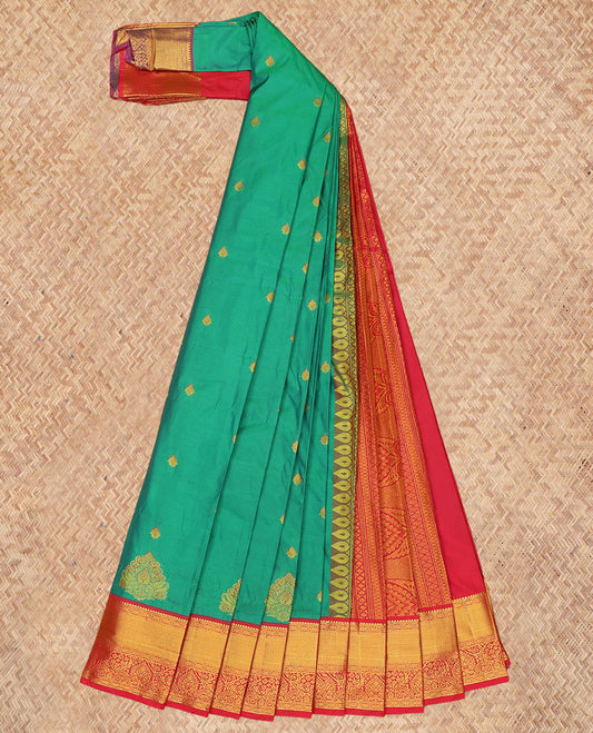 Green Budget Silk Saree, Woven with Zari Buttas, a Contrast Traditional Zari Border, Grand Pallu, and a Contrast Blouse