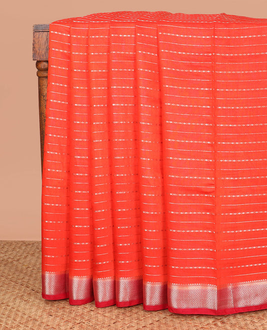 Orange zari striped assam silk saree, contrast traditional zari border, and zari striped pallu