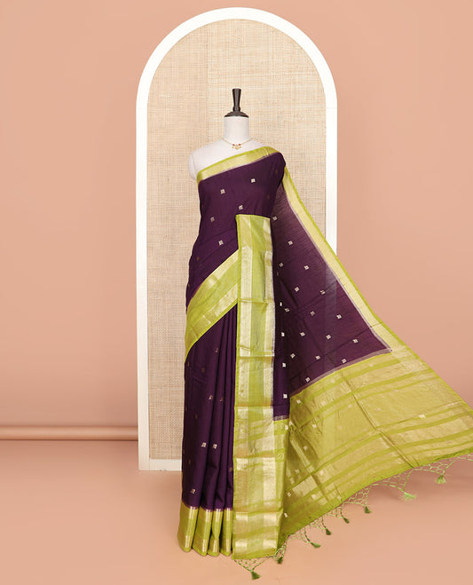 Eggplant purple peacock buttas Assam silk saree, contrast traditional zari border, and pallu of zari designs