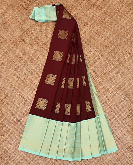 Maroon Budget Silk Saree, Mesmerized with Square-Shaped Zari Buttas All Over Its Body, Complemented by a Contrast Traditional Zari Design Border, Gleaming Jaal Pallu, and Paired with a Contrast Blouse