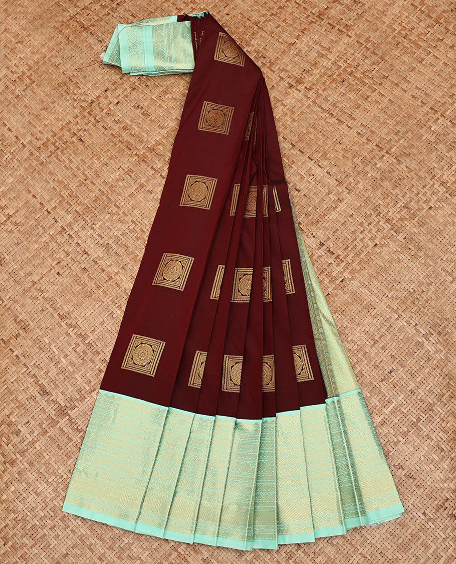 Maroon Budget Silk Saree, Mesmerized with Square-Shaped Zari Buttas All Over Its Body, Complemented by a Contrast Traditional Zari Design Border, Gleaming Jaal Pallu, and Paired with a Contrast Blouse