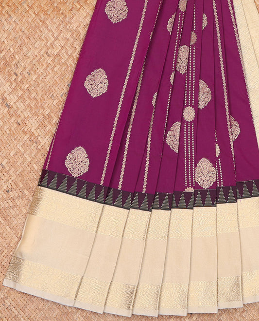 Purple Budget Silk Saree, Enlivened with Zari Buttas on Its Body, Complemented by a Contrast Traditional Zari Design Rettai Pettu Border, Grand Jaal Pallu, and Paired with a Contrast Blouse
