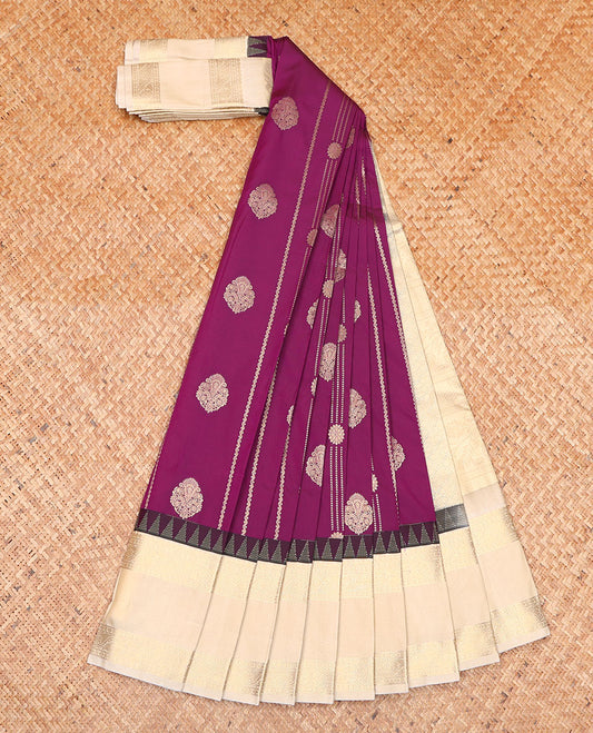 Purple Budget Silk Saree, Enlivened with Zari Buttas on Its Body, Complemented by a Contrast Traditional Zari Design Rettai Pettu Border, Grand Jaal Pallu, and Paired with a Contrast Blouse