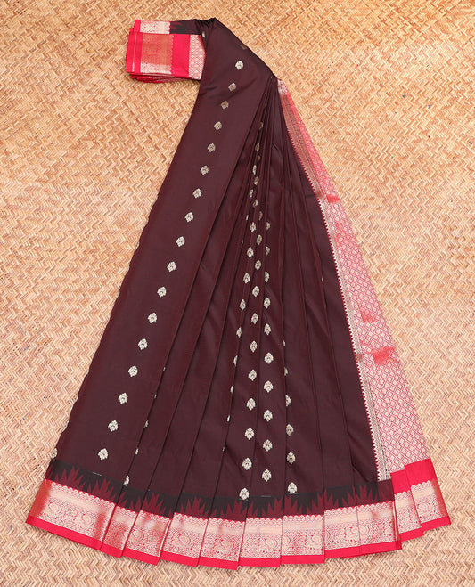 Brown Budget Silk Saree, Ornamented with Zari Buttas, Contrast Traditional Zari Temple Border, Grand Jaal Pallu, and a Contrast Blouse