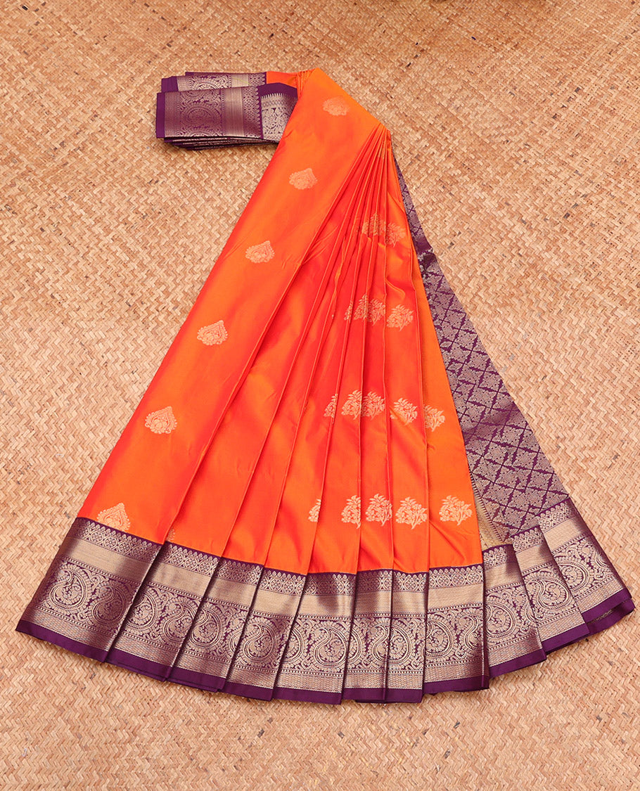 Orange Budget Silk Saree, Boldly Sparkled with Zari Buttas and Checks, Complemented by a Contrast Traditional Zari Border, Grand Pallu, and a Contrast Blouse