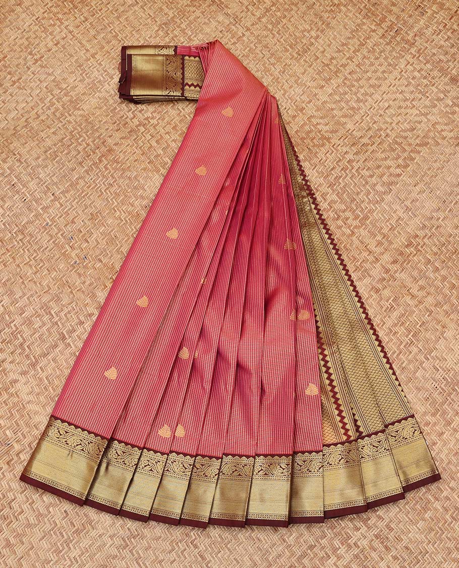 Red Budget Silk Saree, Elevated with Checks and Buttas, Complemented by Contrast Traditional Zari Border, a Grand Jaal Pallu and a Contrast Blouse
