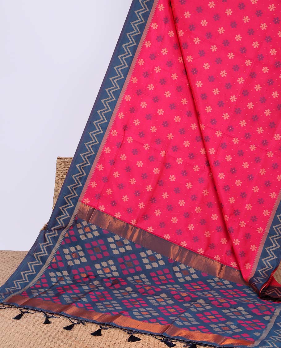 Blue floral motifs butter silk saree with contrast zig zag striped border & geometric motifs pallu