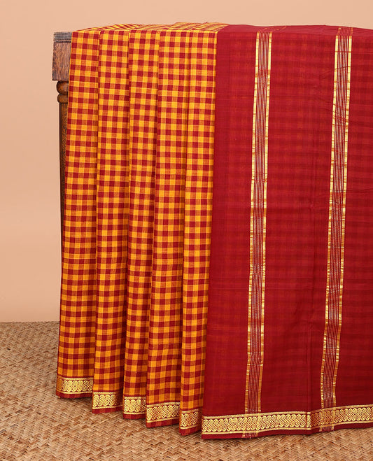 Multi-color micro-checked Andhra cotton saree, zari paisleys border, and pallu of zari stripes
