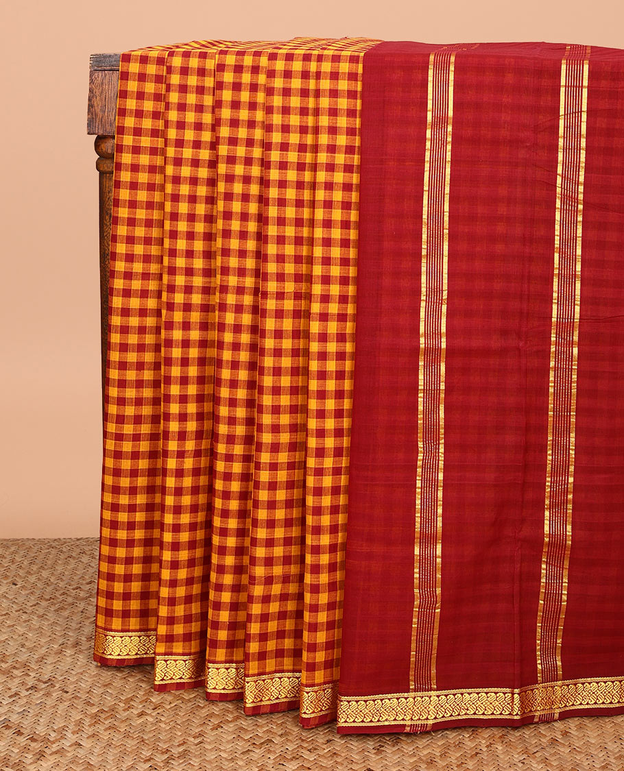 Multi-color micro-checked Andhra cotton saree, zari paisleys border, and pallu of zari stripes