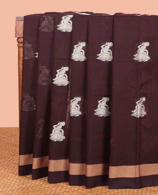 Brown Narayanapet Cotton Saree Embellished with Girl with a Pot Motifs, Subtle Self-Border, Pallu Mirrors the Same Body Motifs, and Paired with a Matching Blouse