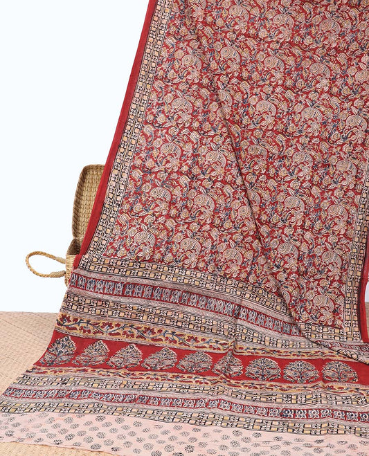 Red floral design machine-printed kalamkari cotton saree with contrast border & floral design pallu