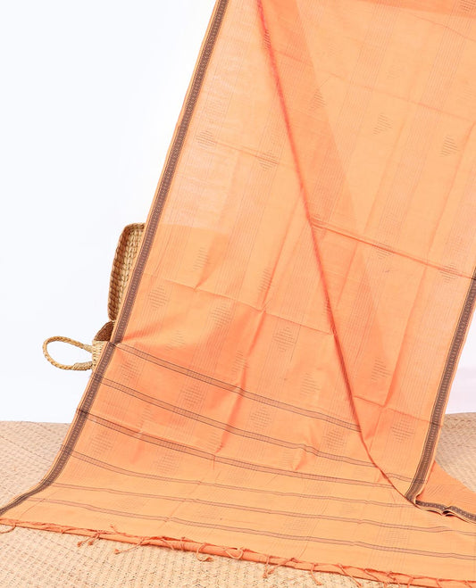 Skin geometric patterned Andhra cotton saree, unique design border & striped pallu 