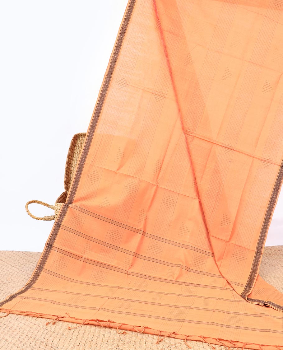 Skin geometric patterned Andhra cotton saree, unique design border & striped pallu 