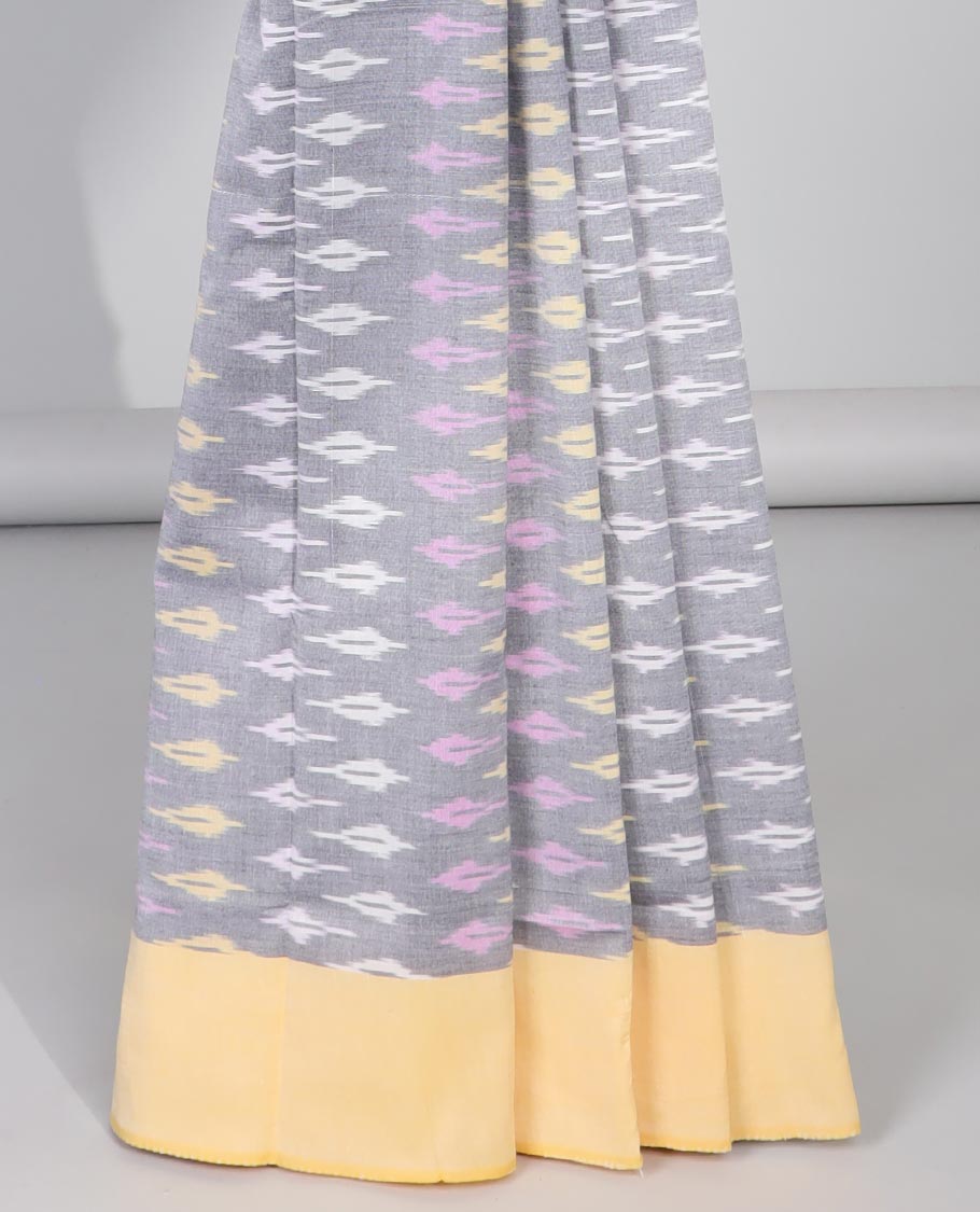 Grey geometric design ikkat cotton saree with contrast border & intricate design pallu