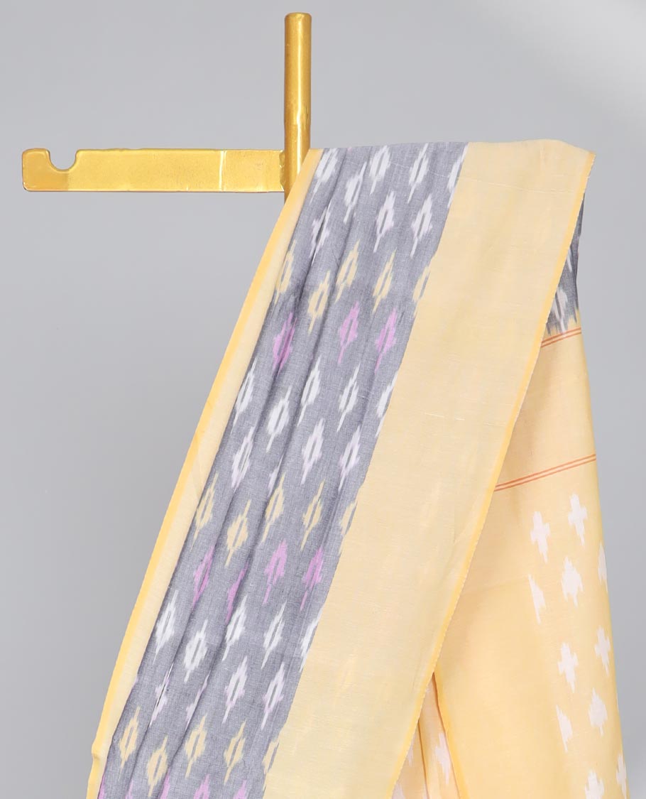 Grey geometric design ikkat cotton saree with contrast border & intricate design pallu