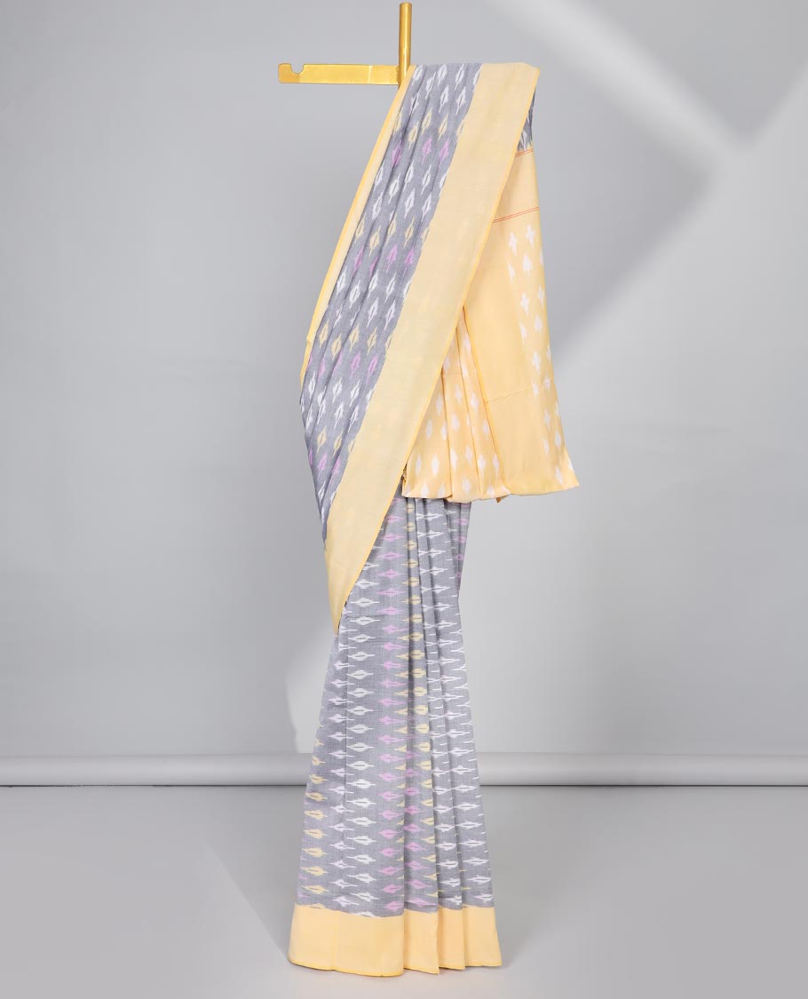 Grey geometric design ikkat cotton saree with contrast border & intricate design pallu