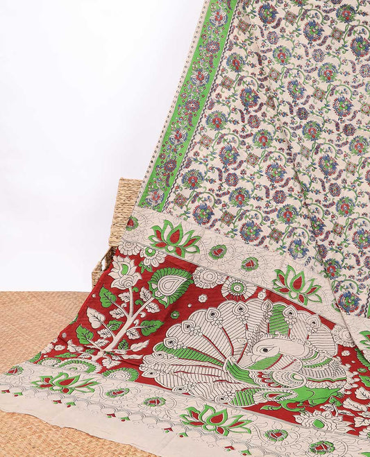 Cream floral design machine-printed kalamkari cotton saree with contrast floral border & floral design pallu