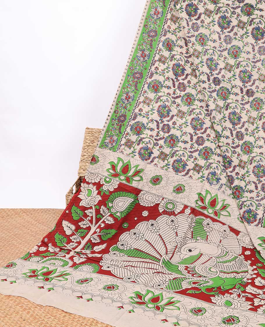 Cream floral design machine-printed kalamkari cotton saree with contrast floral border & floral design pallu
