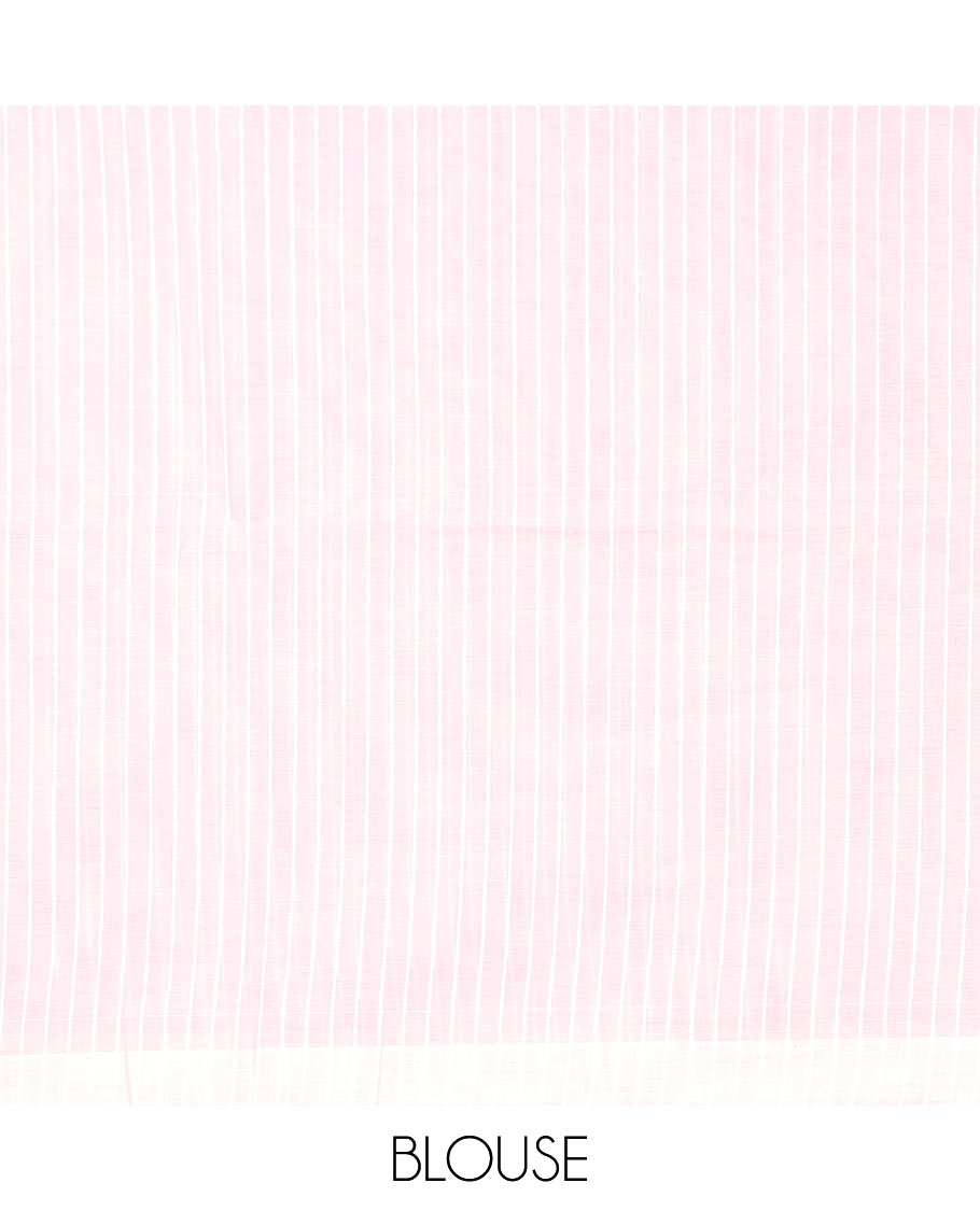 Borderless green and pink striped jute cotton saree, self-pallu of stripes