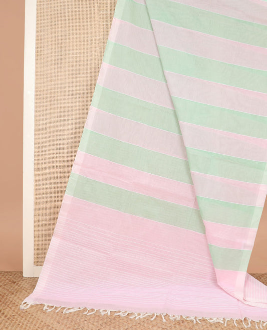 Borderless green and pink striped jute cotton saree, self-pallu of stripes