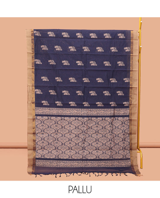 Navy Kanchi Cotton Saree, Adorned with Buttas, Complemented by a Contrast Border, Intricate Pallu, and a Matching Blouse
