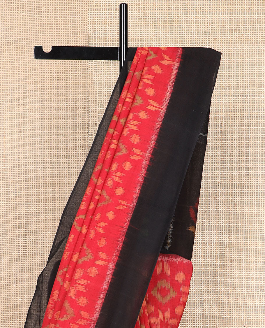 Red jaal-patterned Pochampally cotton saree, contrast border & pallu of ikkat designs