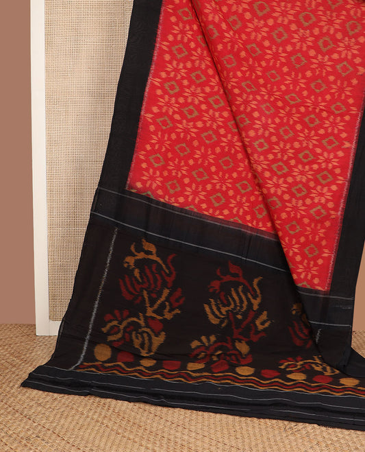 Red jaal-patterned Pochampally cotton saree, contrast border & pallu of ikkat designs