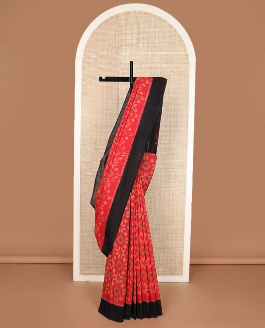 Red jaal-patterned Pochampally cotton saree, contrast border & pallu of ikkat designs