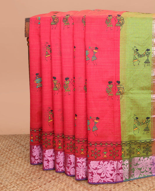 Pink warli motifs printed Andhra cotton saree, floral creeper zari border, and contrast warli printed pallu