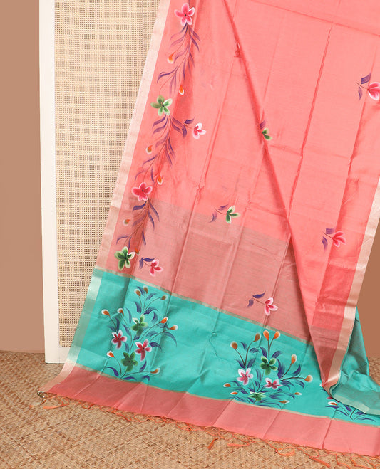 Peach hand-brush painting floral printed Chirala cotton saree, bavanji border, and hand-brush painting style floral printed pallu